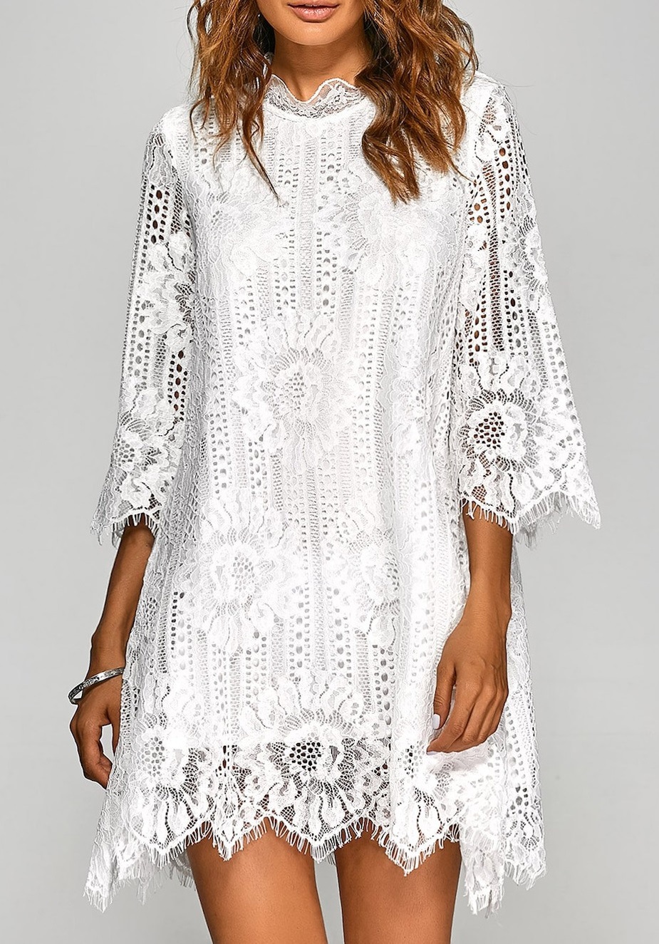 Elegant Sweet Style Women Loose Irregular Hem Plain Openwork Lace Mini Dress